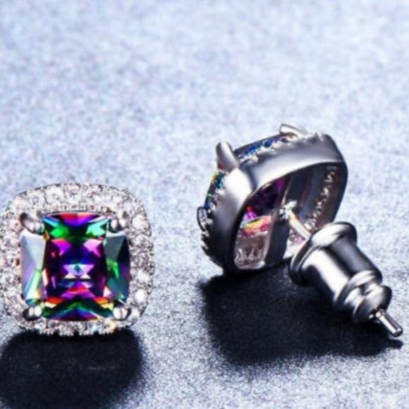 RAINBOW MYSTIC TOPAZ DIAMOND HALO STUD EARRINGS - Picture 4 of 4